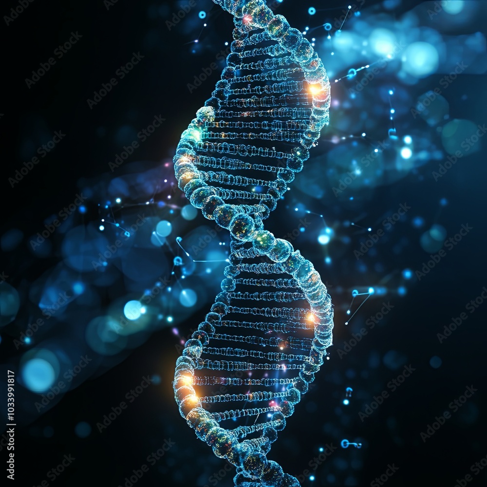 Fototapete Colorful double helix DNA structure gracefully twists against an abstract backdrop, showcasing the beauty of genetic design with sparkling effects. Generative AI