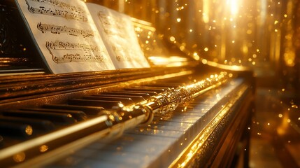 A golden flute rests on the keys of a grand piano, with sheet music visible. The instrument is bathed in a warm, golden light, creating a magical and enchanting atmosphere.