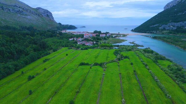 Aerial drone view of the polder in the Aguera estuary in the town of Ori&ntilde;&oacute;n. Cantabrian Sea. Cantabria. Spain. Europe