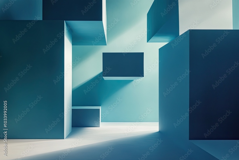 Wall mural abstract geometric composition with blue cubes and soft shadows, creating a serene and modern enviro