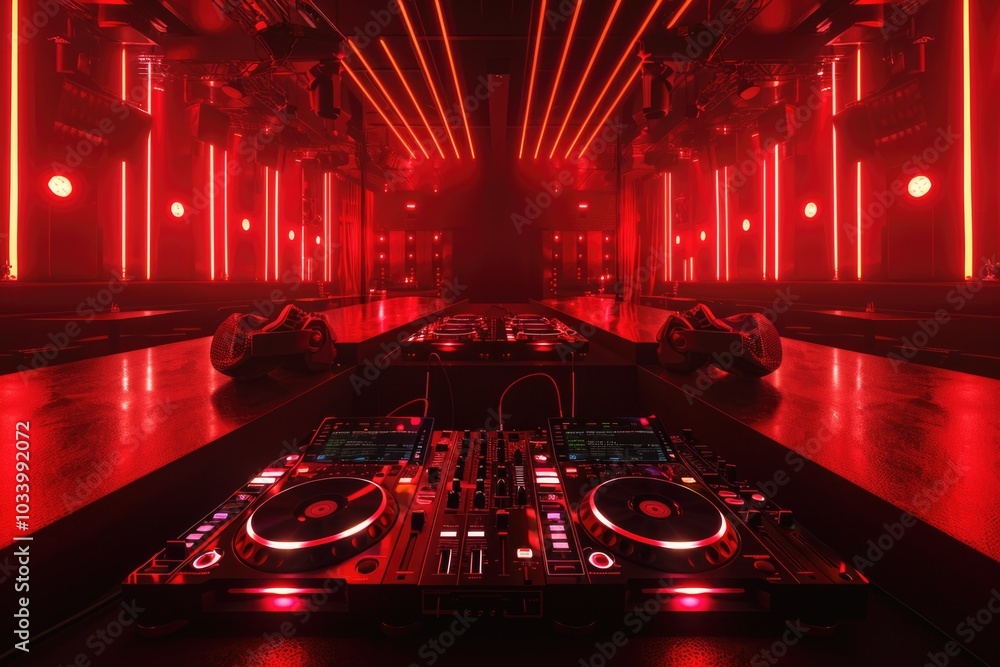 Poster a professional dj equipment set up in a dimly lit room, ideal for use as background image or to conv