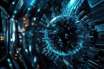 Abstract visualization of a virus in a futuristic environment, glowing blue and black.