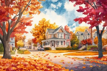 Obraz premium A painting of a cozy house surrounded by fall foliage