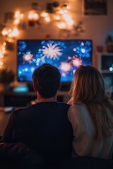 A couple sitting on the couch, watching fireworks display