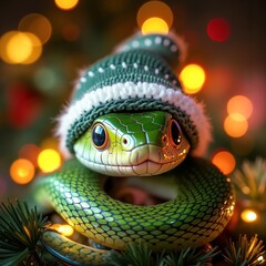 Fototapeta premium A green snake wearing a green hat on top of a Christmas tree