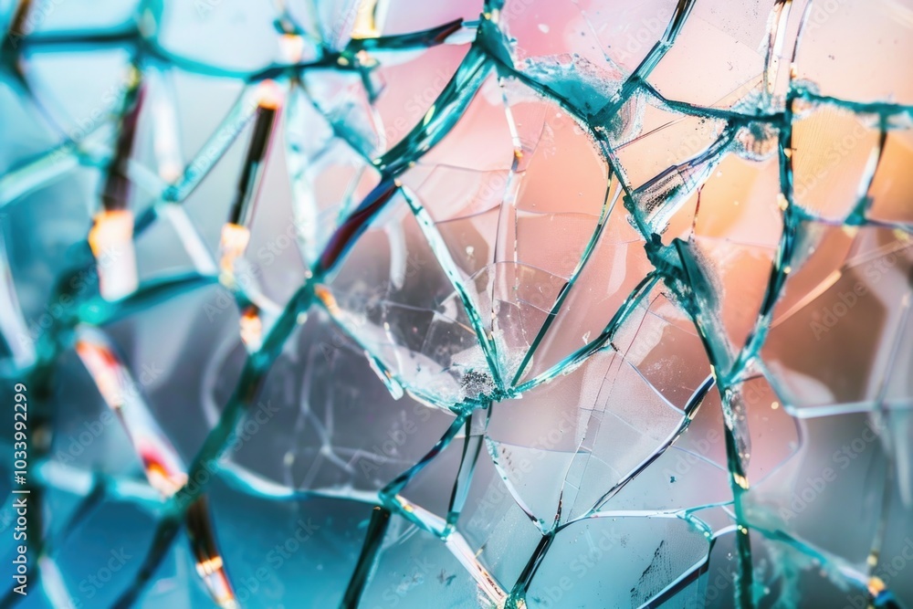 Poster A close-up view of a broken glass window with sharp edges and fragments scattered around