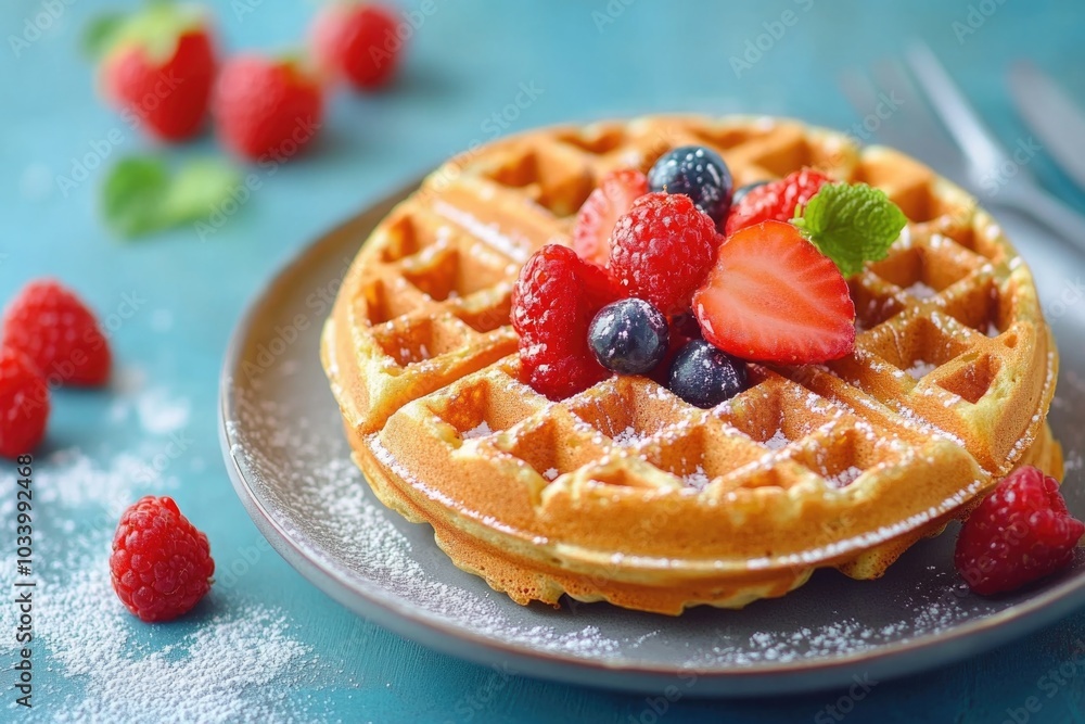 Sticker A plate of crispy waffles topped with fresh berries and powdered sugar, perfect for breakfast or brunch