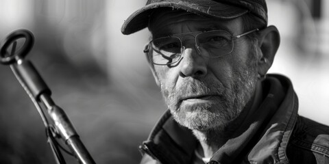A close-up shot of a man holding a gun, in a black and white photograph