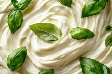 Obraz premium Fresh basil leaves on top of a creamy bowl, great for food styling or recipe use
