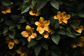 A group of yellow flowers surrounded by green leaves