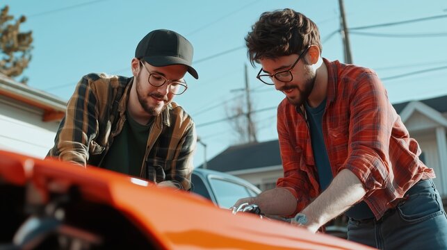 Two friends working on a classic car engine in a sunny driveway during the afternoon - Powered by Adobe