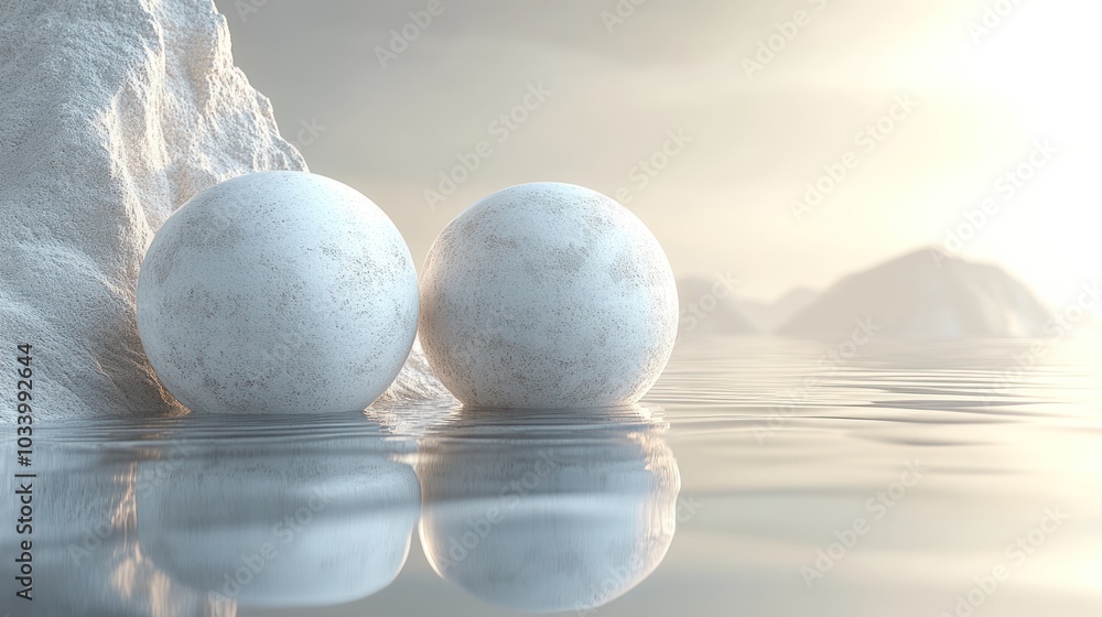Aufkleber two spherical objects resting on a calm water surface near mountains.