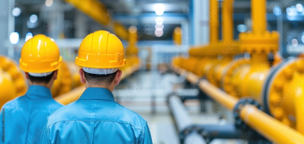 Poster workers observing industrial pipes in a factory setting, focusing on safety and machinery operation 