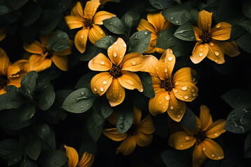 A group of yellow flowers surrounded by green leaves