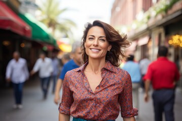 Fototapeta premium Portrait of a glad woman in her 40s donning a classy polo shirt on vibrant market street background