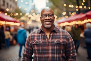 Portrait of a grinning afro-american man in his 40s dressed in a relaxed flannel shirt isolated in vibrant market street background