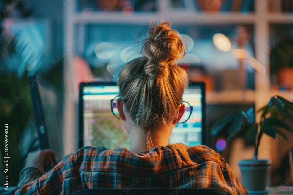 Aufkleber a person sitting in front of a computer monitor, focused on work