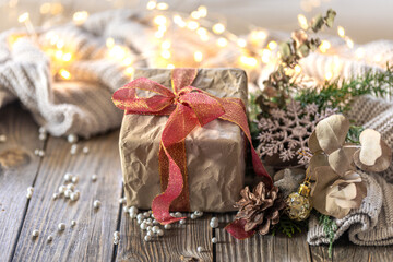 Christmas composition with a festive gift. Christmas background.