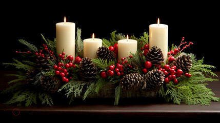 A holiday centerpiece with candles and pinecones