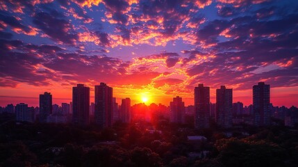 Fototapeta premium Vibrant sunset over a city skyline with dramatic clouds.