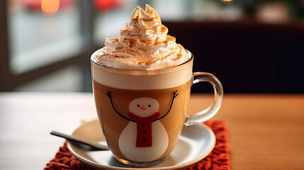 A holiday themed latte with a whipped cream
