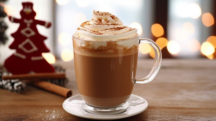 A holiday themed latte with a whipped cream