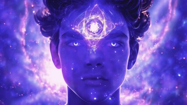 The third eye chakra meditator's forehead glows light, opening up a portal swirling galaxies cosmic energy. focus, streams of energy flow universe mind, 4k Victor anime-style background Animation Vide