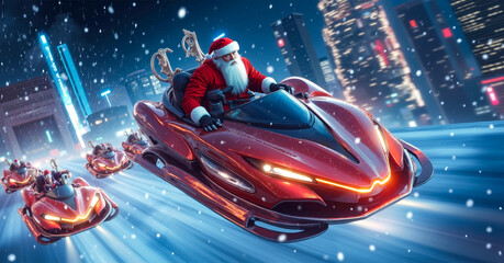 A santa claus riding a red car in the middle of a city