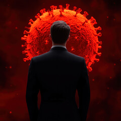 A figure in a suit faces a large, stylized virus illustration against a vivid red background, symbolizing health concerns and pandemic awareness.