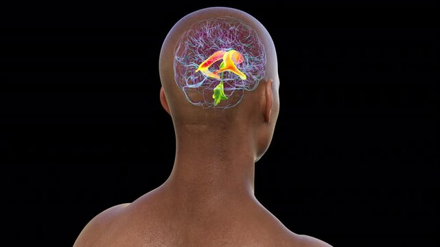 3D animation of a man's brain with the lateral brain ventricles highlighted. The lateral ventricles are responsible for producing and circulating cerebrospinal fluid.