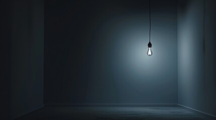 Dark empty room with single flickering light bulb casting long shadows, emphasizing absence of power and eerie atmosphere, minimalist setting with focus on light bulb's glow.