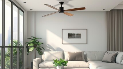 A cozy living room with a couch and ceiling fan