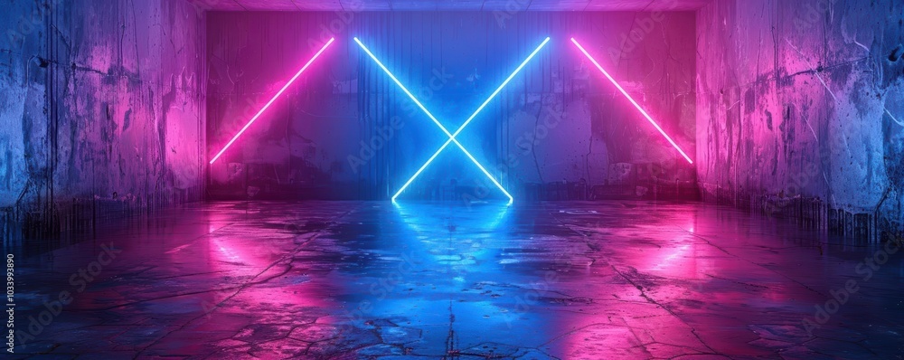 Poster a vibrant, illuminated space featuring pink and blue neon lights, creating a modern, dynamic atmosph
