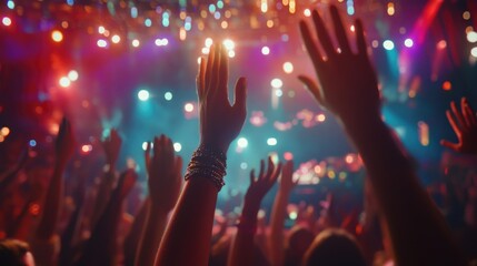 A group of people at a concert holding up their hands in unison