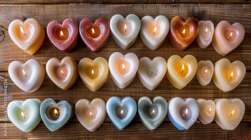 Wall mural Heart shaped candles in various colors are arranged neatly on wooden surface, creating warm and inviting atmosphere. soft glow of flames adds cozy and romantic touch to scene