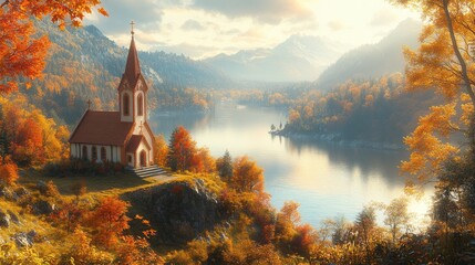 Fototapeta premium Serene autumn landscape featuring a quaint church by a lake.
