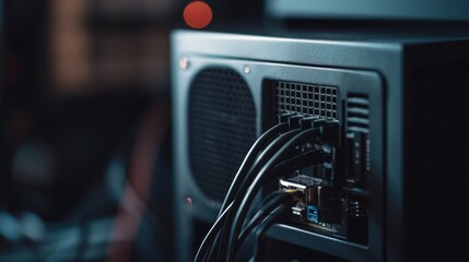 Close-up of a computer's rear panel showing network cables connected, highlighting technology and connectivity in a modern setup.