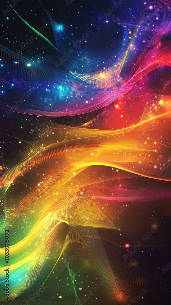 Poster colorful abstract pattern with wavy shapes and starry background