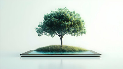 3D Close Up of Holographic Tree Growing from Tablet - Macro Shot Symbolizing Innovation and ESG Sustainability on Isolated White Background