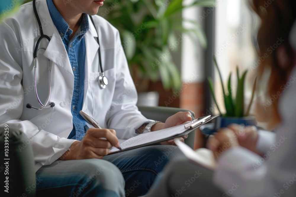 Poster a scientist wearing a white lab coat records information on a clipboard