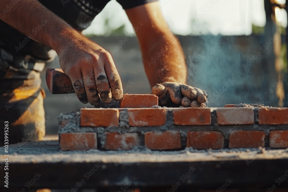 Poster a person constructing a brick wall using a hammer