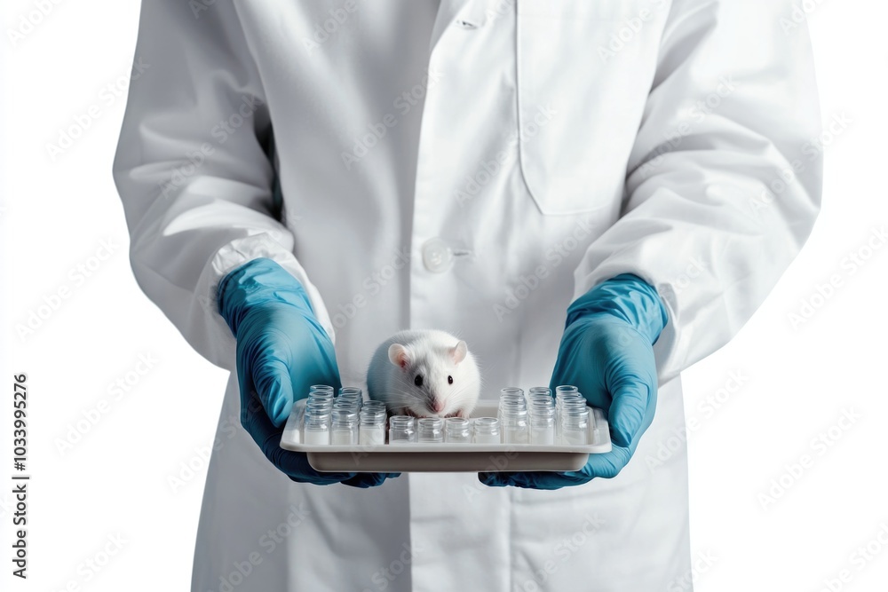 Poster A scientist in a lab coat holds a mouse for study or testing