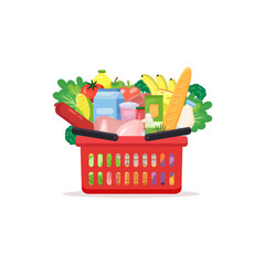 Grocery basket - a shopping basket with different foods and beverages. Illustration in flat style, design template