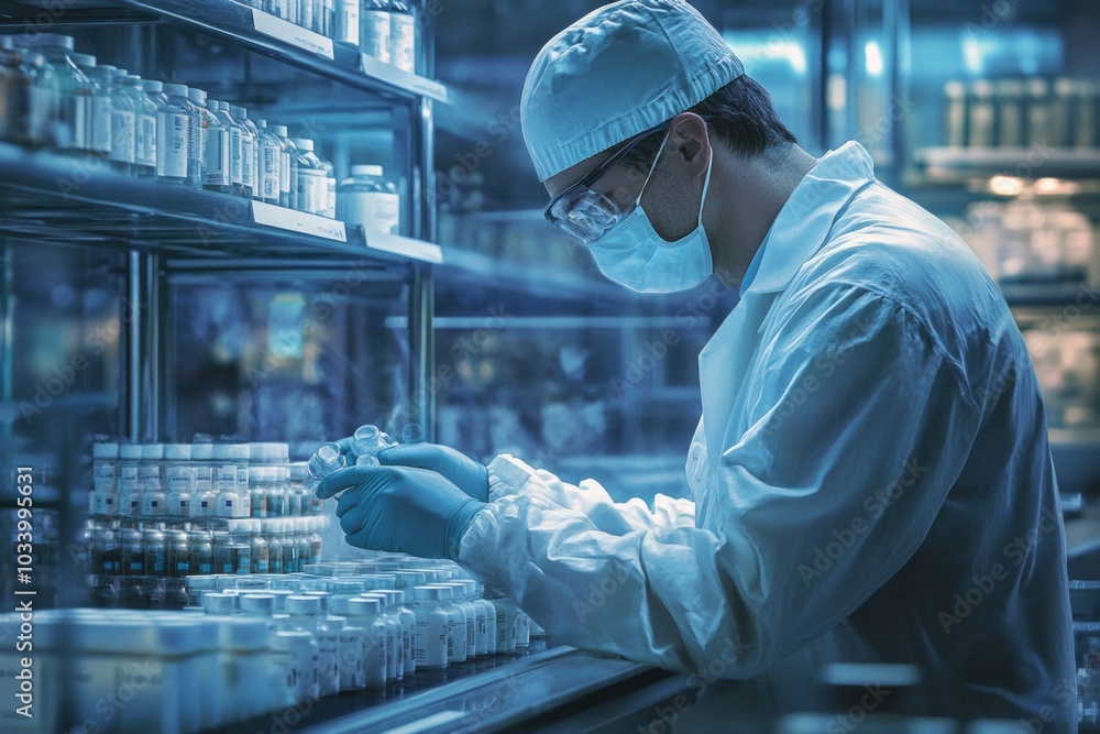 Poster a scientist in a lab coat and mask tinkers with machinery, focused on his task