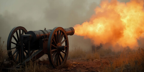 Civil War-era cannon firing with dramatic smoke and flame, capturing a moment of historical battle action. Ideal for historical themes, reenactments, and vintage military scenes