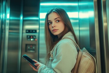 A person holding a cell phone inside an elevator