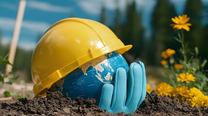 Earthshaped helmet on soil, wildflowers and forest in background, symbolizing global construction, environmental sustainability, and nature conservation