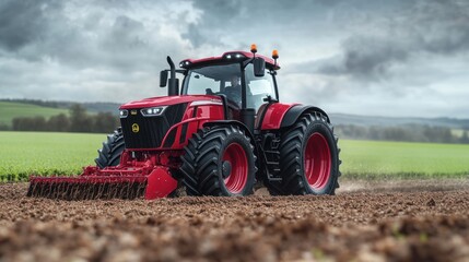Fototapeta premium A red tractor plowing a field under a cloudy sky.