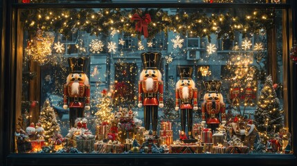 Festive holiday window display featuring nutcracker figures, twinkling lights, and Christmas decorations in a wintery wonderland setting.