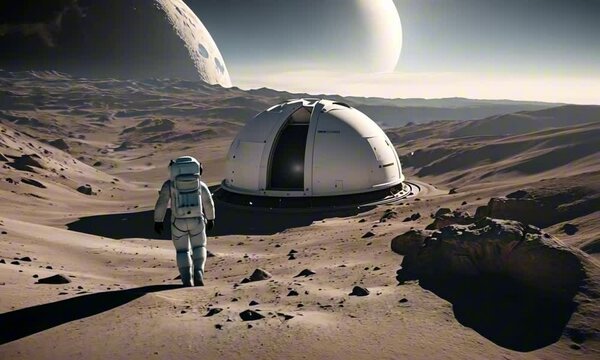an astronaut walking to a dome structure on a rocky lunar landscape with distant planets in the background